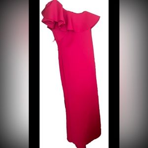 Elise J hot pink Maxi length One shoulder ruffle prom dress